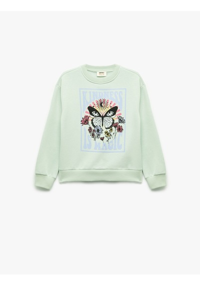 Koton Uzun Kollu Bisiklet Yaka Pamuklu Kelebek Baskılı Sweatshirt Yeşil 6wkg10106ak Yeşil
