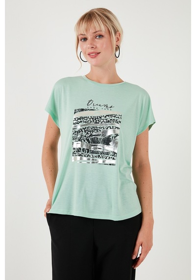 Lela Baskılı Bisiklet Yaka Regular Fit Bayan T Shirt 6671000 Mint