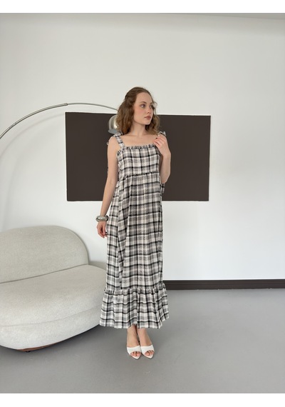 Verymoda Kadın Ekose Desenli Askı Bağlama Detaylı Maxi Elbise Siyah