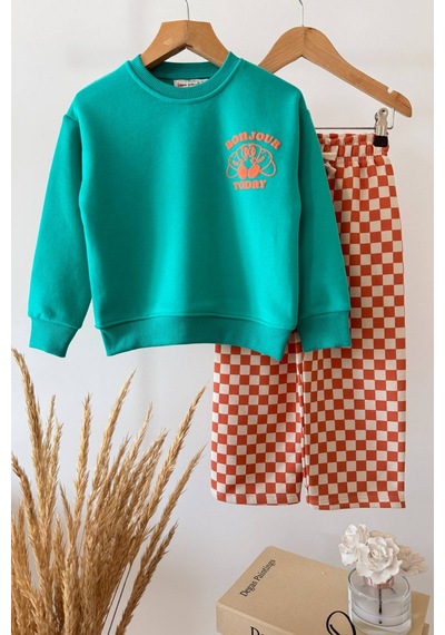 Lucco Erkek Çocuk Sırt Baskılı Sweatshirt Ve Damalı Eşofman Takım Çok Renkli