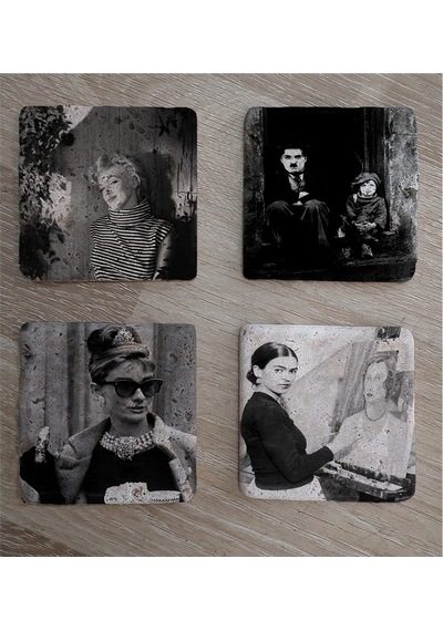 Charlie Chaplin Frida Kahlo Audrey Hepburn Marilyn Monroe Doğal Taş Bardak Altlığı 4'lü Set - Natural Stone Coasters - Taş Çok Renkli
