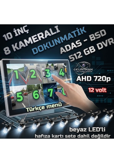 8 Adet Beyaz Ledli Ahd 720p Kelebek Kamera 10 İnç 8 Ch Dokunmatik Ekran 512 Gb Dvr Adas Bsd 12 Volt