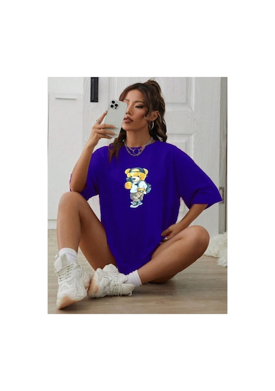 Medinenur Unisex Peluş Ayı Baskılı Bisiklet Yaka Tshirt Mavi