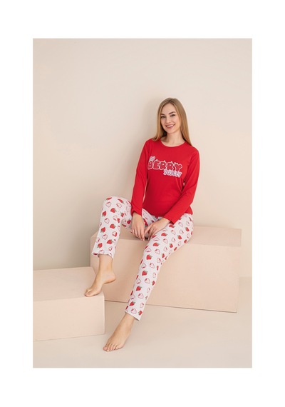Rindahomewear Kadın Cıleklı Baskılı Süprem Uzun Kol Pijama Takımı Kırmızı