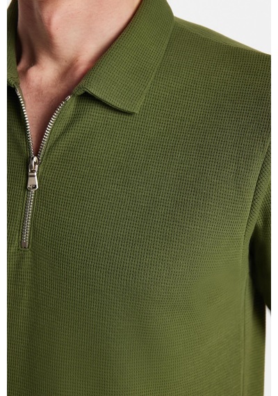 Tudors Erkek Slim Fit Dar Kesim %100 Pamuk Fermuarlı Yeşil Polo Yaka Tişört-34349 Yeşil