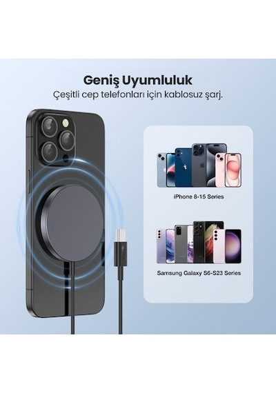Gar281 Manyetik Kablosuz Şarj Cihazı - Apple Uyumlu iOS Ve Android Uyumlu - Yüksek Verimlilik - Siyah