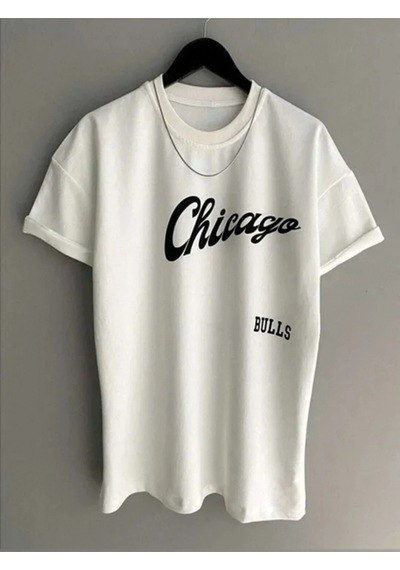 Startmore Unisex Chicago Özel Baskılı Oversize Penye T-shirt Beyaz