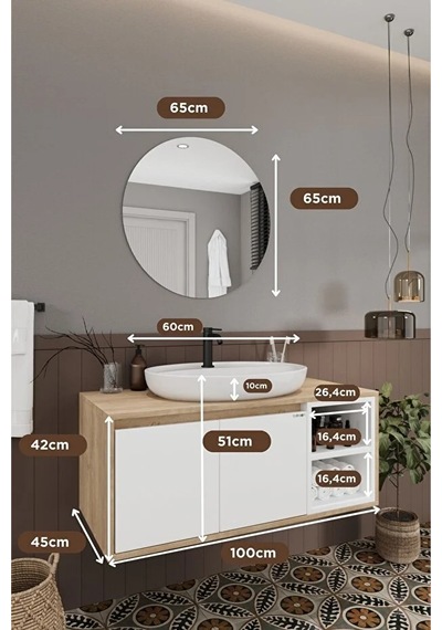 Gül Beyaz 100 Cm Banyo Dolabı Ayna Lavabo Beyaz