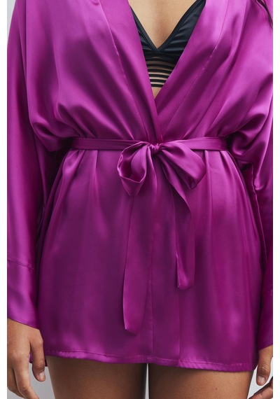 Fumée Fuşya Kısa Saten Sabahlık / Kimono Fuşya