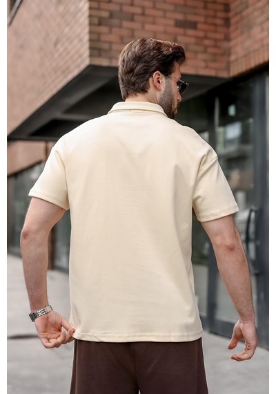Madmext Bej Polo Yaka Oversize Erkek Tişört E7185