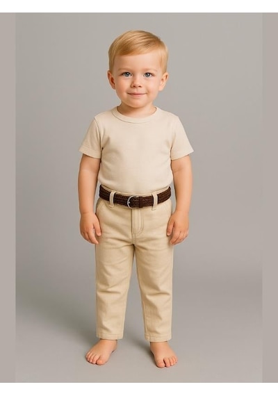 Nanica Kids Erkek Bebek Kemerli Cepli Keten Pantolon-16009 Krem