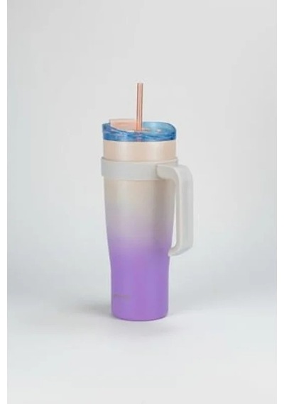 Pembe Pipetli Termos Bardak, 1000ml Kapasite İle Soğuk İçecekler İçin Açık Beyaz