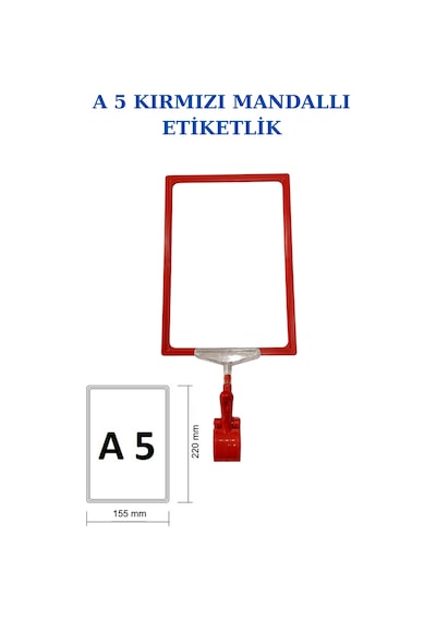 5 Adet Kırmızı A5 Mandallı Raf Sepet Etiketi Çerçeveli Etiketlik Kırmızı