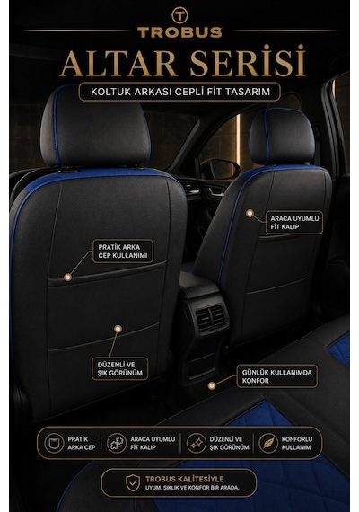 Fiat Egea Cross 2020 Sonrası Uyumlu Altar Serisi Tay Tüyü Mavi Siyah Premium Koltuk Kılıfı