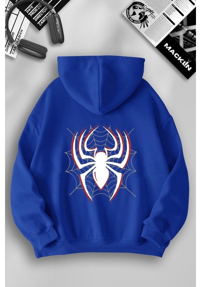 Macklin Unisex Kadın Erkek Örümcek Ön Ve Arka Baskılı Özel Tasarım Kapşonlu Sweatshirt Mavi Mck1220 Mavi