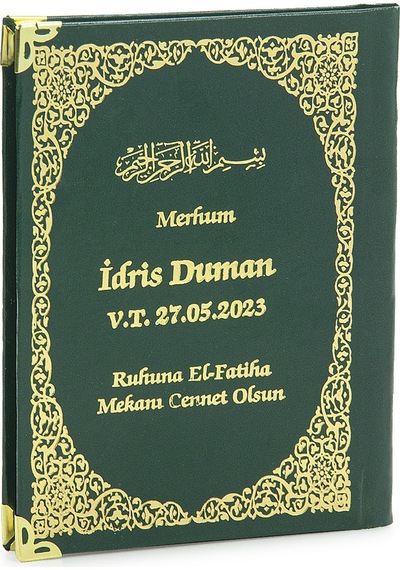 50 Adet İsim Baskılı Vav Desenli Yaldızlı Deri Ciltli Çanta Boy Yasin Kitabı Mevlüt Hediyesi 128 Sayfa Yeşil