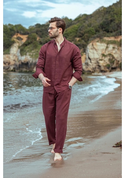 Madmext Bordo Rahat Kesim Keten Erkek Gömlek Pantolon Takım E7362