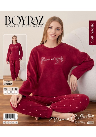 Boyraz Kadın Kışlık Bisiklet Yaka Soft Kadife Pijama Takımı 07012 - 1 Adet Kırmızı