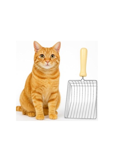 Sogud Paslanmaz Çelik Kedi Kumu Küreği - Ahşap Saplı Izgaralı Kum Eleği - Kedi Tuvaleti Temizleme Aparatı - Dayanıklı Ergonomik Saplı Pratik Elekli Kedi Kumu Temizlik Küreği - Kolay Kullanım