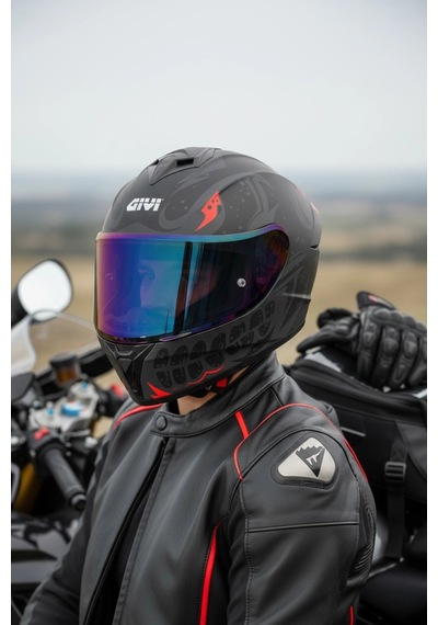 Gıvı 50.x Bones Kırmızı  1 Renkli 1 Şeffaf Vizörlü Motosiklet Kask İridyum Vizör + Şeffaf