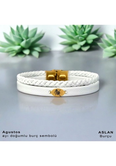 Aslan Burçlarına Oval Motifli Doğal Beyaz Derili 14 Ayar Altın Plakalı Hediye Bileklik-380burç Aslan Aslan Burçlarına Oval Motifli Doğal Beyaz Derili 14 Ayar Altın Plakalı Hediye Bileklik-380burç Aslan