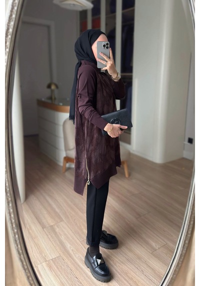 Kahijab Desenli İpek Cupra Merserize Tunik - Kahverengi