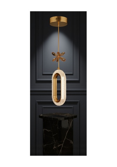 Selin Gold Modern Led Sarkıt Avize Kristal Çiçek Detaylı Oval Tasarım Tekli Altın Altın