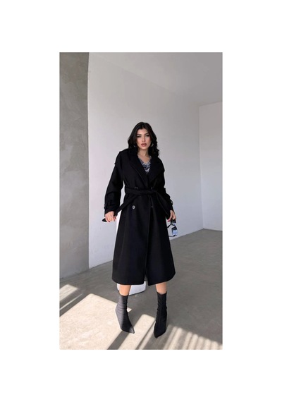 2ozbutik Kadın Siyah Kemerli Içi Astarlı Uzun Kaşe Kaban Siyah Siyah