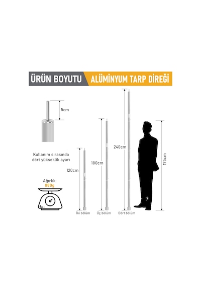Haegs Ayarlanabilir Tarp Tente Direkleri, 2 Li Set, Teleskopik Alüminyum Çadır Gölgelik Branda Direkleri, Kamp Direği Katlanabilir Hafif Karavan Araç Yan Tente Direği - Gümüş