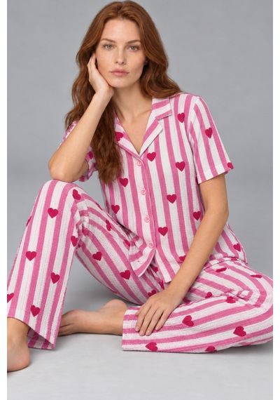 Fit Women Kadın Rahat Kalıp Gömlek Yaka Pembe Kalpli Pijama Takımı 4769