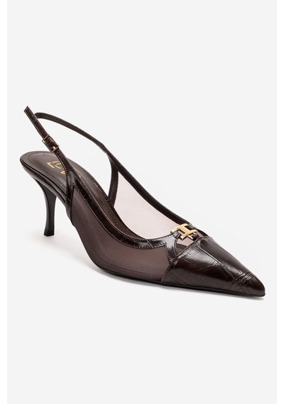 Luvishoes Orella Kahverengi Baskı Tokalı Fileli Kadın Topuklu Ayakkabı Kahverengi