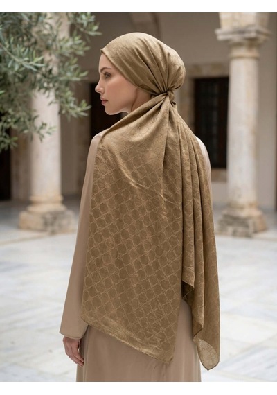 Camellia Scarfs İtalyan Jakar Şal Monogram Desen Sütlü Kahve - Lüks Stil