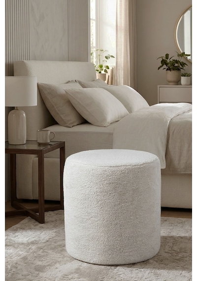 Soft Puf Tedy Kumaş, Tedy Silindir Puf, Kuzu Peluş Puf Kırık Beyaz