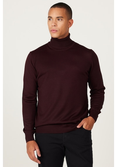 Erkek Bordo Standart Fit Normal Kesim Tam Balıkçı Yaka Triko Kazak Bordo