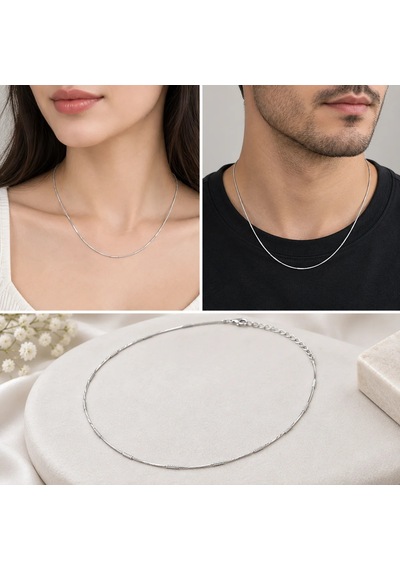 Premium Parlak Ve Şık İnce Gümüş Renk Yassı Zincir 316l Çelik Kolye 45cm