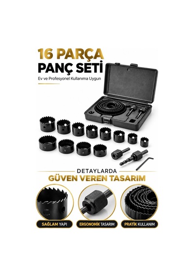 16 Parça Panç Seti 19-64 Mm Ahşap Metal Plastik Delme İşleri