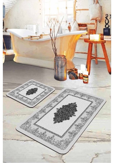 Gri Modern Klasik Banyo Halısı Klozet 2'li Paspas Seti Bs281n11