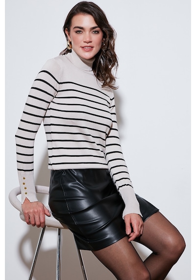 Lela Çizgili Regular Fit Balıkçı Yaka Bayan Kazak 4615565 Ekru
