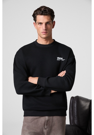 Grimelange Ernest Erkek Organik Pamuklu Yumuşacık Baskı Detaylı Bisiklet Yaka İçi Polarlı Siyah Sweatshirt