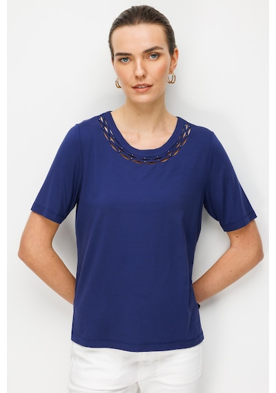 Kadın Sıfır Yaka Yakası Çift Şeritli Taşlı Penye T-shirt Lacivert Lacivert