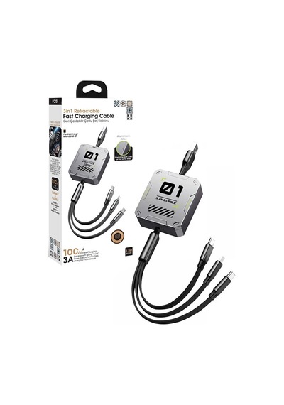 3in1 100w Geri Çekilebilir Hızlı Şarj Kablosu 120cm Usb To Ty