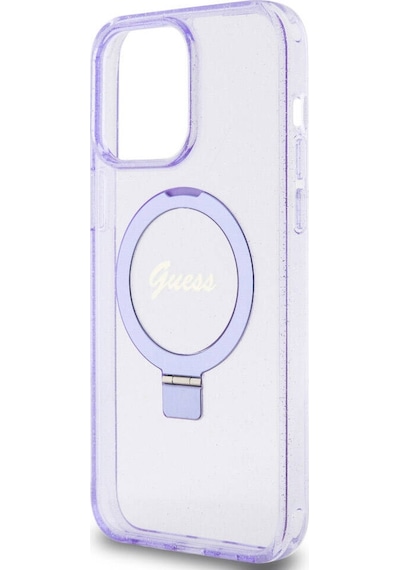Apple Uyumlu iPhone 15 Pro Max Kılıf Guess Lisanslı Magsafe Özellikli Simli Ring Standlı
