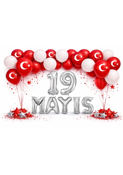 19 Mayıs Gençlik Ve Spor Bayramı Temalı Gümüş Folyo Rakam Ve Harf Kırmızı Beyaz Ay Yıldız Balonlar Beyaz - Kırmızı