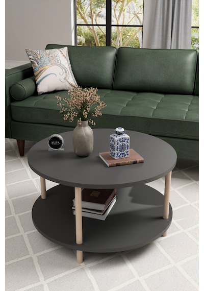 Alpaevmobilya Modern Yuvarlak Orta Sehpa 60 Cm 2 Raflı Ahşap Ayaklı Çok Amaçlı Organizer Sehpa Antrasit