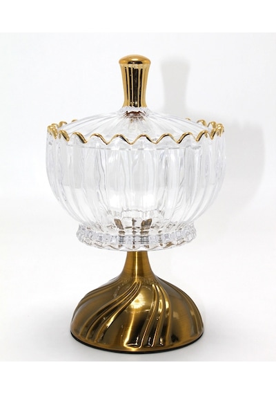 Metal Ayaklı Kristal Cam Şekerlik Gold Detaylı Sunumluk Alk4871