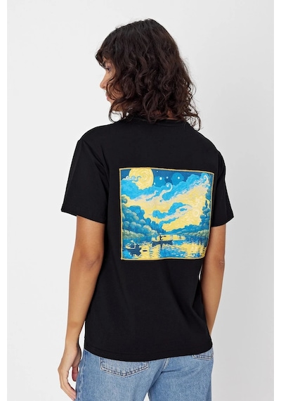 Yapay Zeka Tasarım Sırt Aplike Özel Baskılı %100 Pamuklu Penye Regular Fit T-shirt Vangogh SIYAH