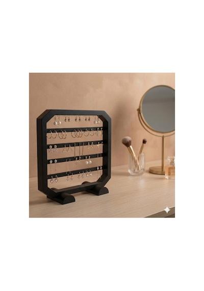 Modern Siyah Küpe Standı, Takı Düzenleyici, Takı Standı , Kolye Askısı , 4 Bölmeli Organizer