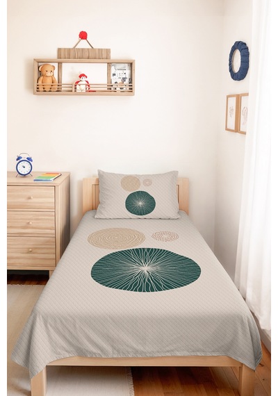 Geometrik Krem Genç Odası Tek Kişilik Pike Takımı - Petrol Hardal 160x220 Cm Kapitone Yatak Örtüsü Keten Saman Zemini