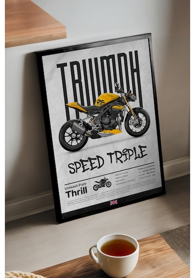 Truimph Speed Triple Siyah Ahşap Çerçeveli Poster, Dekoratif Motosiklet Duvar Tablosu