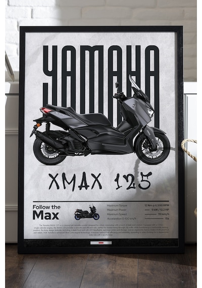 Yamaha X-max 125 Siyah Ahşap Çerçeveli Poster, Dekoratif Motosiklet Duvar Tablosu